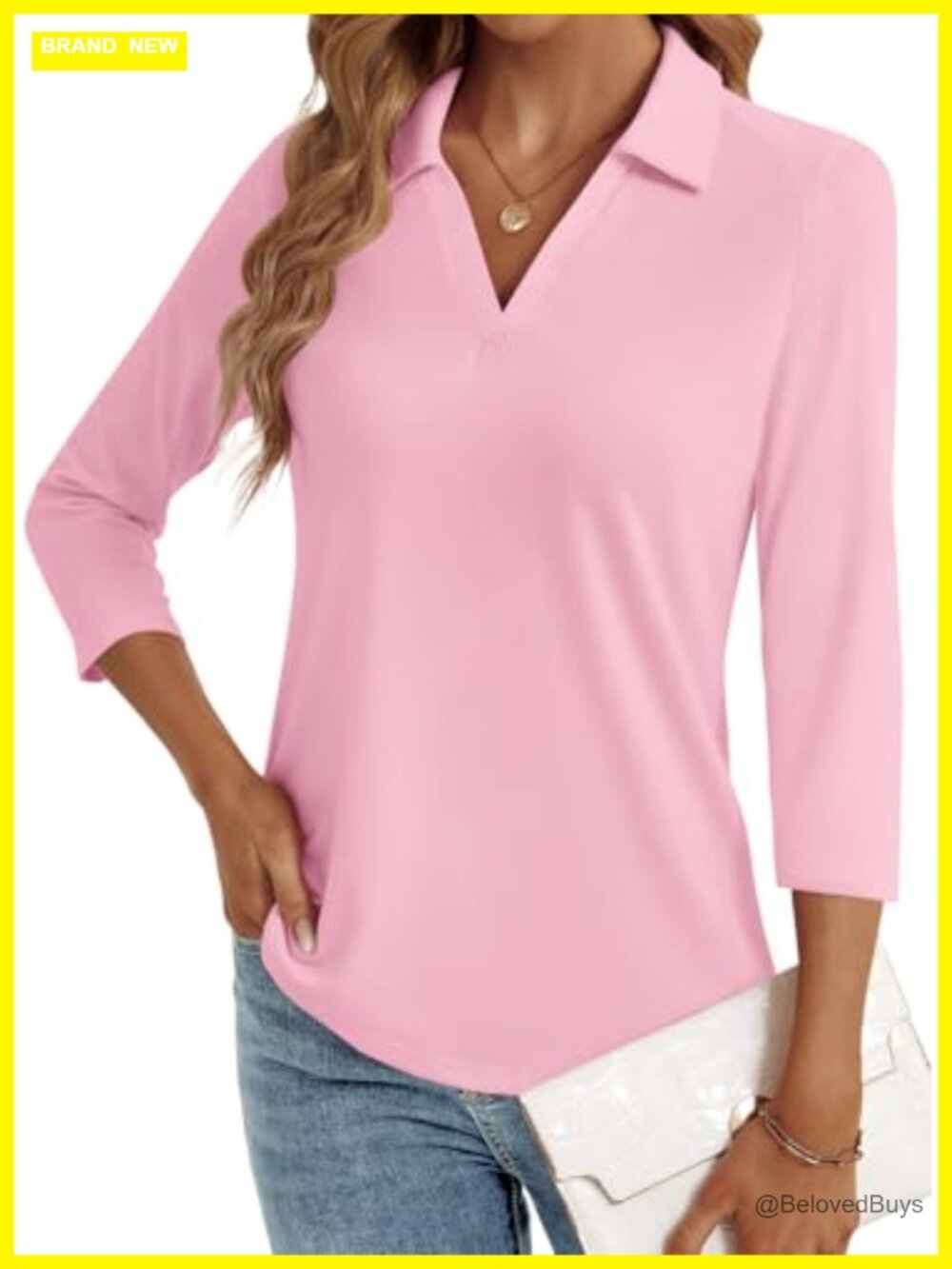 Womens 3/4 Sleeve V-Neck Business Blouse Pleated Drape Casual Top